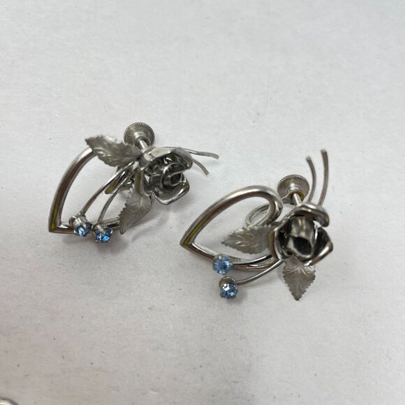 Vintage Karu Arke Floral Bracelet & Earrings Set Silver Tone Blue Rhinestones - Picture 8 of 12